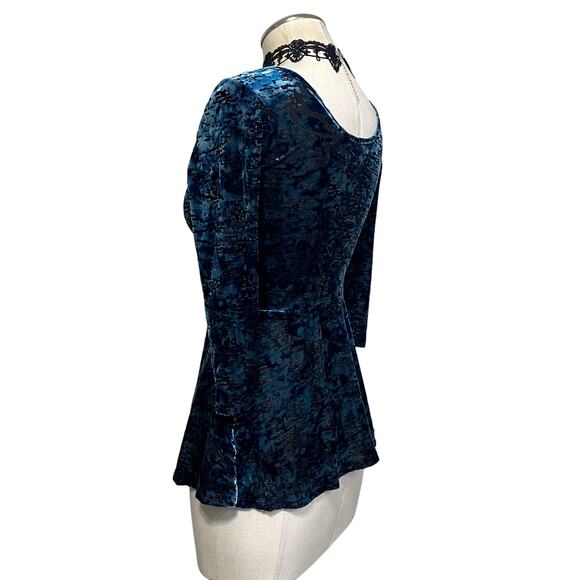 Decree Whimsygoth Gothic Blue Velvet Semi Sheer Fitted Blouse - Picture 8 of 11